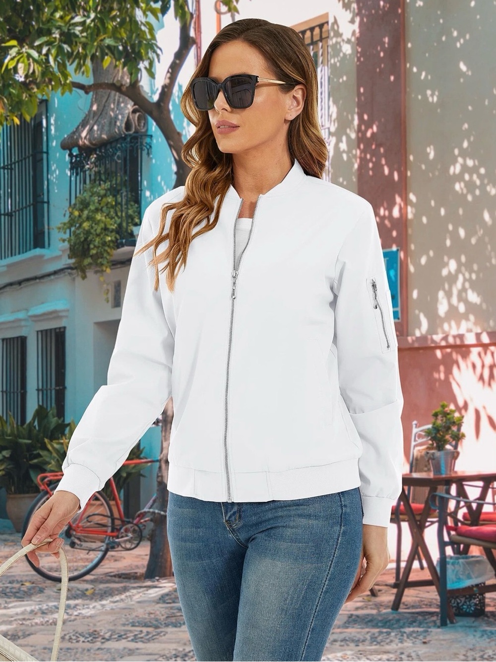 NWT Tacvasen Women’s White Bomber Jacket Zip Front Utility Sleeve Pocket Size XL